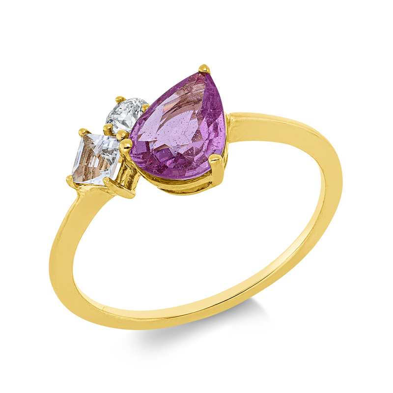 Ring 18 kt GG, 1 Brill. 0,10 ct, TW-si, 1 Saphir 1,07 ct pink, 1 Aquamarin 0,21 ct blau