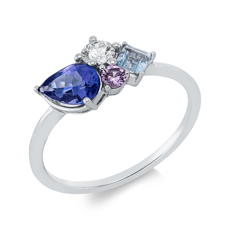 Ring 18 kt WG, 1 Brill. 0,18 ct, TW-si, 1 Saphir 0,08 ct pink, 1 Tansanit 0,67 ct blau, 1 Aquamarin 0,14 ct blau