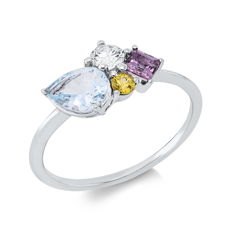 Ring 18 kt WG, 1 Brill. 0,20 ct, TW-si, 1 Saphir 0,24 ct pink, 1 Aquamarin 0,57 ct blau, 1 Saphir 0,08 ct gelb