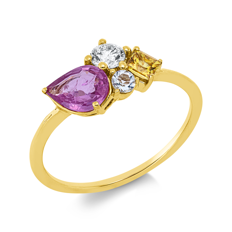 Ring 18 kt GG, 1 Brill. 0,19 ct, TW-si, 1 Saphir 0,22 ct gelb, 1 Saphir 0,55 ct pink, 1 Aquamarin 0,05 ct blau