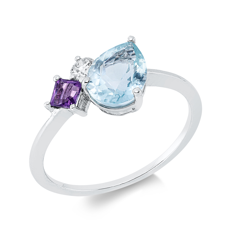 Ring 18 kt WG, 1 Brill. 0,10 ct, TW-si, 1 Aquamarin 1,19 ct blau, 1 Amethyst 0,16 ct lila