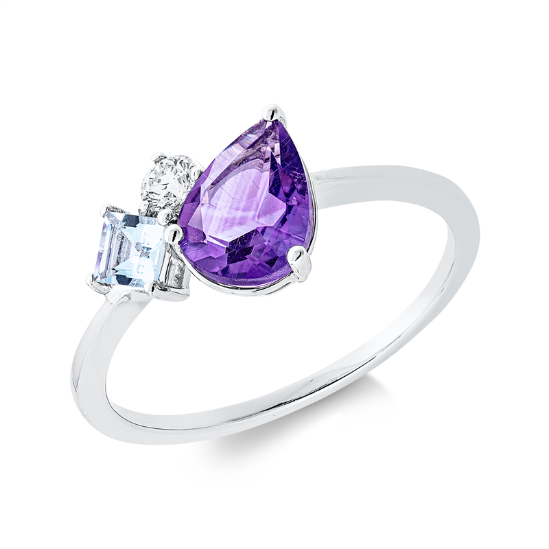 Ring 18 kt WG, 1 Brill. 0,10 ct, TW-si, 1 Amethyst 0,86 ct lila, 1 Aquamarin 0,15 ct blau