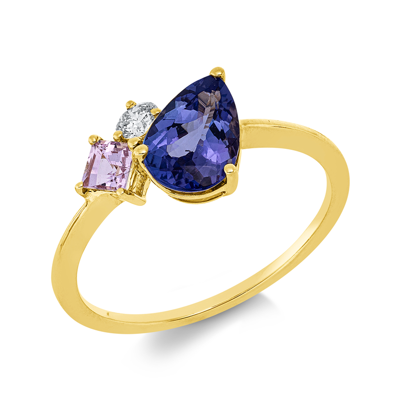 Ring 18 kt GG, 1 Brill. 0,10 ct, TW-si, 1 Tansanit 1,02 ct blau, 1 Saphir 0,25 ct pink
