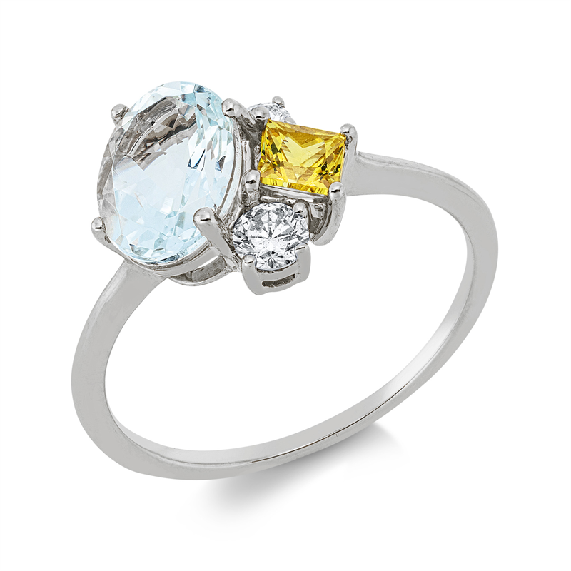 Ring 18 kt WG, 1 Brill. 0,10 ct, TW-si, 1 Brill. 0,05 ct, TW-si, 1 Aquamarin 1,18 ct blau, 1 Saphir 0,32 ct gelb