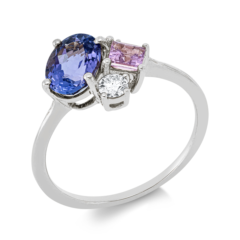 Ring 18 kt WG, 1 Brill. 0,10 ct, TW-si, 1 Brill. 0,05 ct, TW-si, 1 Tansanit 1,21 ct blau, 1 Saphir 0,32 ct pink