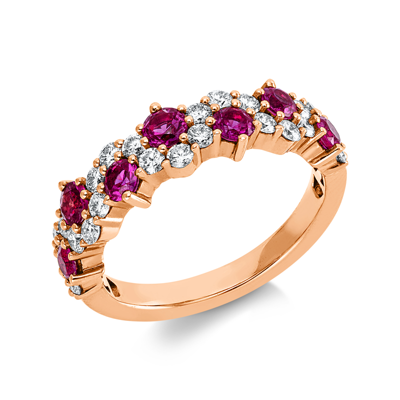 Ring 14 kt RG, 23 Brill. 0,57 ct, W-pi, 7 Rubine 0,87 ct rot