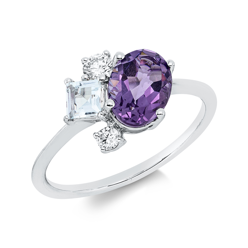 Ring 18 kt WG, 1 Brill. 0,05 ct, TW-si, 1 Brill. 0,11 ct, TW-si, 1 Aquamarin 0,23 ct blau, 1 Amethyst 1,13 ct lila