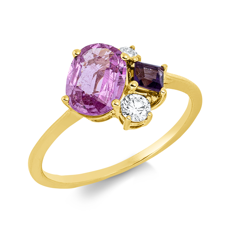 Ring 18 kt GG, 1 Brill. 0,05 ct, TW-si, 1 Brill. 0,11 ct, TW-si, 1 Amethyst 0,23 ct lila, 1 Saphir 1,10 ct pink