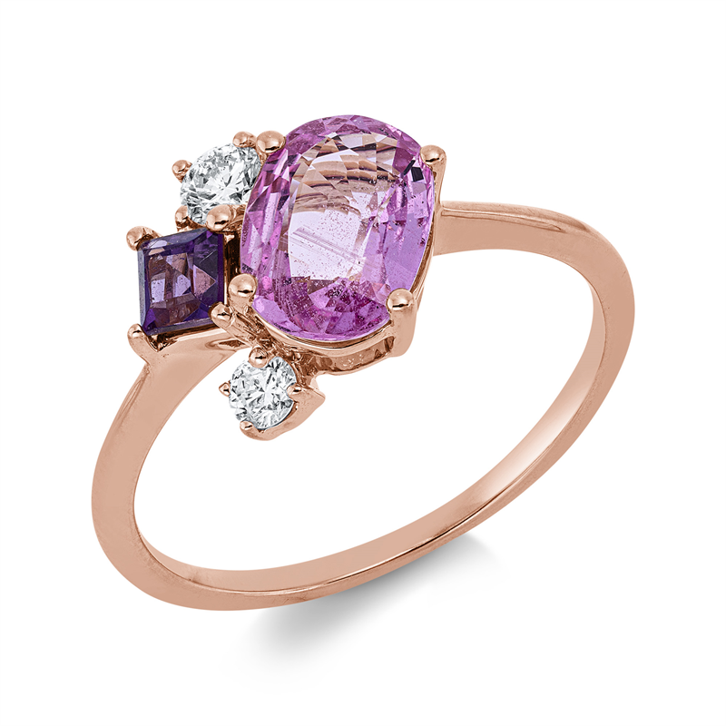 Ring 18 kt RG, 1 Brill. 0,05 ct, TW-si, 1 Brill. 0,11 ct, TW-si, 1 Amethyst 0,23 ct lila, 1 Saphir 1,10 ct pink