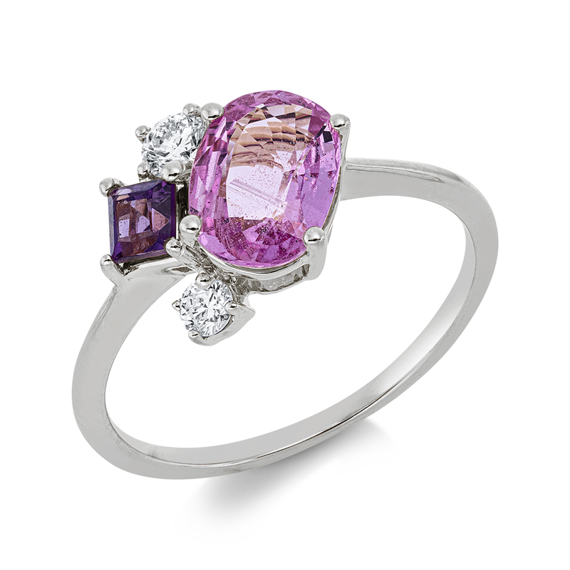 Ring 18 kt WG, 1 Brill. 0,05 ct, TW-si, 1 Brill. 0,11 ct, TW-si, 1 Amethyst 0,17 ct lila, 1 Saphir 1,24 ct pink