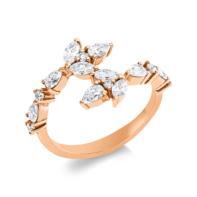 Ring 18 kt RG, 6 Brill. 0,20 ct, TW-si, 4 Nav. 0,36 ct, TW-si, 6 Tropfen 0,55 ct, TW-si