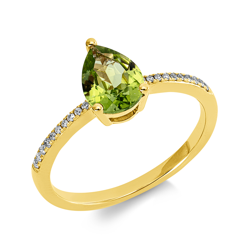 Ring 18 kt GG, 20 Brill. 0,08 ct, TW-si, 1 Peridot 1,13 ct grün