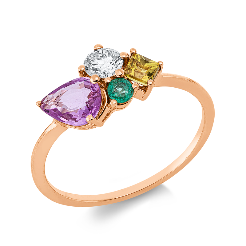 Ring 18 kt RG, 1 Brill. 0,21 ct, TW-si, 1 Sapp 0,23 ct gelb, 1 Sapp 0,66 ct pink, 1 Smaragd 0,06 ct grün