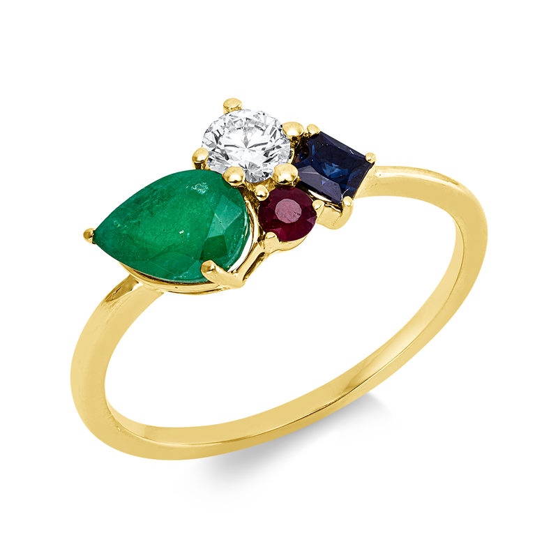 Ring 18 kt GG, 1 Brill. 0,21 ct, TW-si, 1 Saphir 0,17 ct blau, 1 Smaragd 0,76 ct grün, 1 Rubin 0,07 ct rot