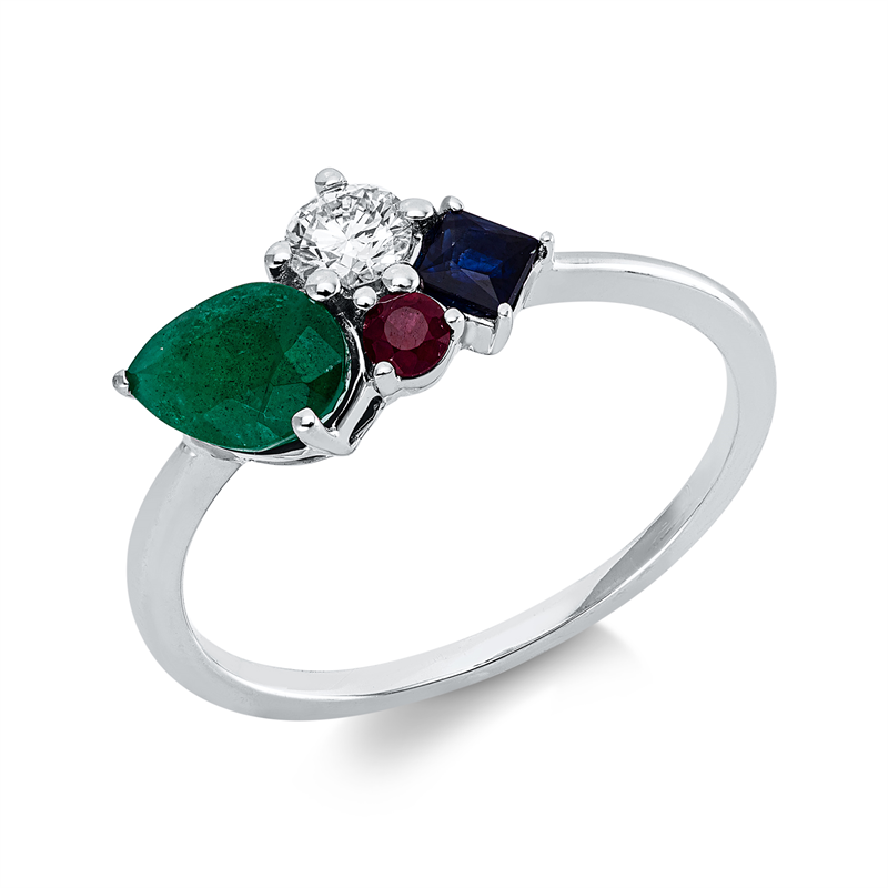 Ring 18 kt WG, 1 Brill. 0,19 ct, TW-si, 1 Saphir 0,16 ct blau, 1 Smaragd 0,75 ct grün, 1 Rubin 0,07 ct rot