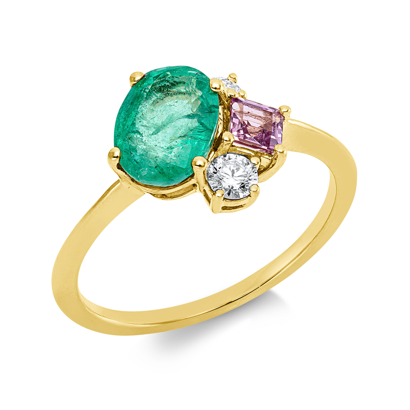 Ring 18 kt GG, 2 Brill. 0,16 ct, TW-si, 1 Smaragd 0,88 ct grün, 1 Saphir 0,27 ct pink