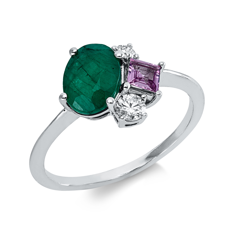 Ring 18 kt WG, 2 Brill. 0,16 ct, TW-si, 1 Smaragd 0,63 ct grün, 1 Saphir 0,26 ct pink