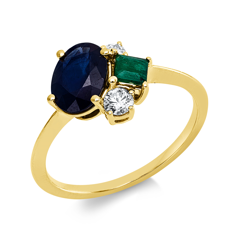 Ring 18 kt GG, 2 Brill. 0,16 ct, TW-si, 1 Saphir 1,37 ct blau, 1 Smaragd 0,20 ct grün