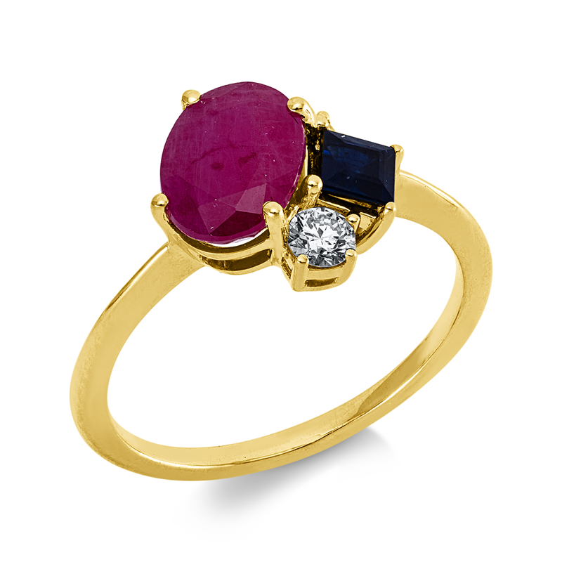 Ring 18 kt GG, 1 Brill. 0,11 ct, TW-si, 1 Brill. 0,05 ct, TW-si, 1 Rubin 1,95 ct rot, 1 Saphir 0,28 ct blau