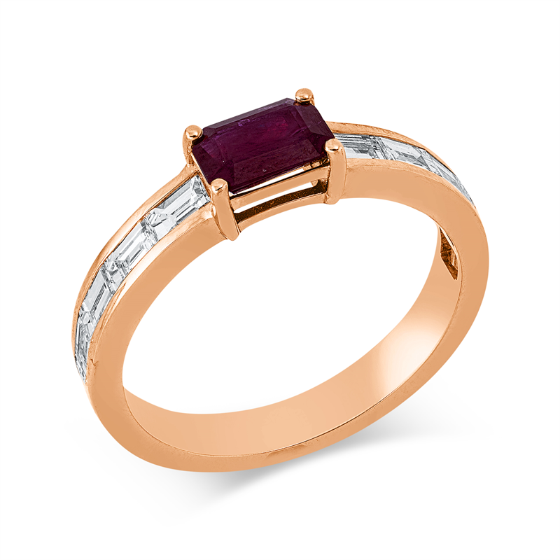 Ring 18 kt RG, 10 Bag. 0,79 ct, F-vsi, 1 Rubin 0,70 ct rot