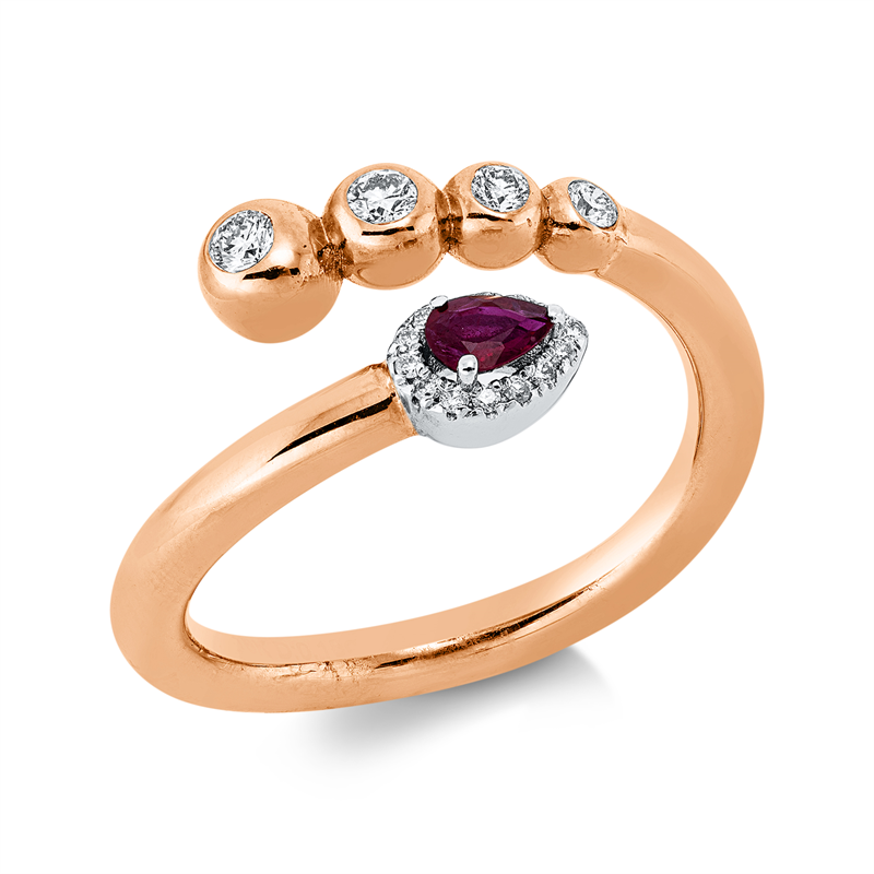 Ring 18 kt RG+WG, 4 Brill. 0,13 ct, F-si, 14 Brill. 0,05 ct, F-si, 1 Rubin 0,14 ct rot