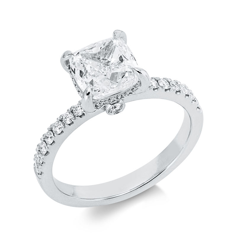 Ring 18 kt WG, GIA6535074173, 1 Cushion 2,00 ct, TW-vsi, 38 Brill. 0,29 ct, TW-vsi