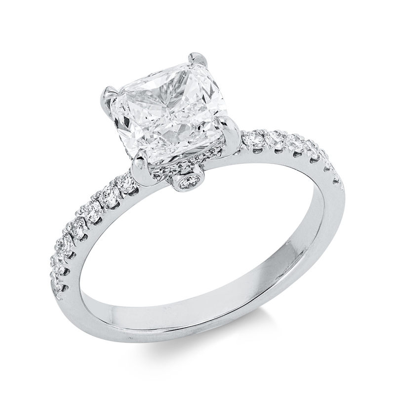Ring 18 kt WG, GIA1518902263, 1 Cushion 1,51 ct, TW-vs2, 34 Brill. 0,29 ct, TW-vsi
