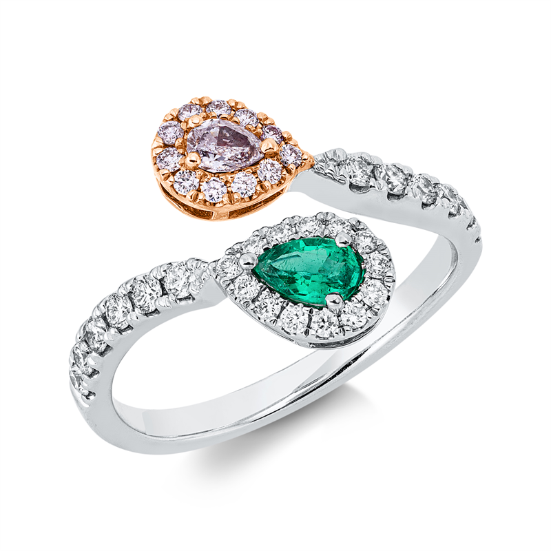 Ring 18 kt, 25 Brill.0,36 ct, TW-si, 1 Tropfen 0,12 ct, pink, 11 Brill 0,08 ct, pink, 1 Smaragd 0,21 ct grün