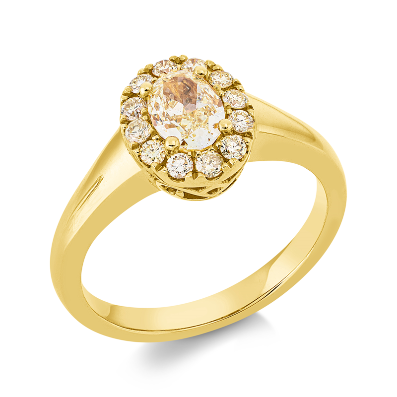 Ring 18 kt GG, 1 Oval 0,72 ct, gelb, 12 Brill. 0,27 ct, gelb