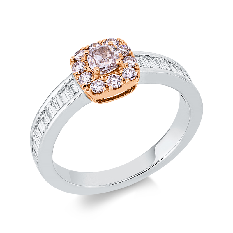 Ring 18 kt, GIA 2498739956, 1 Cushion 0,30 ct, pink-si1, 20 Bag. 0,48 ct, TW-si, 10 Brill. 0,22 ct, pink