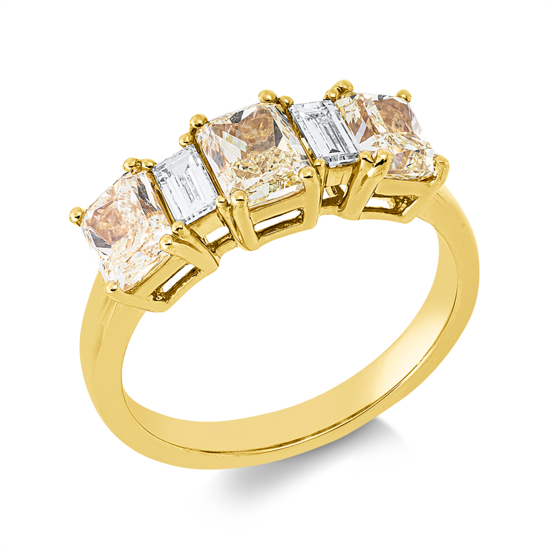 Ring 18 kt GG, 2 Bag. 0,30 ct, TW-si, 3 Radiant 2,17 ct, gelb