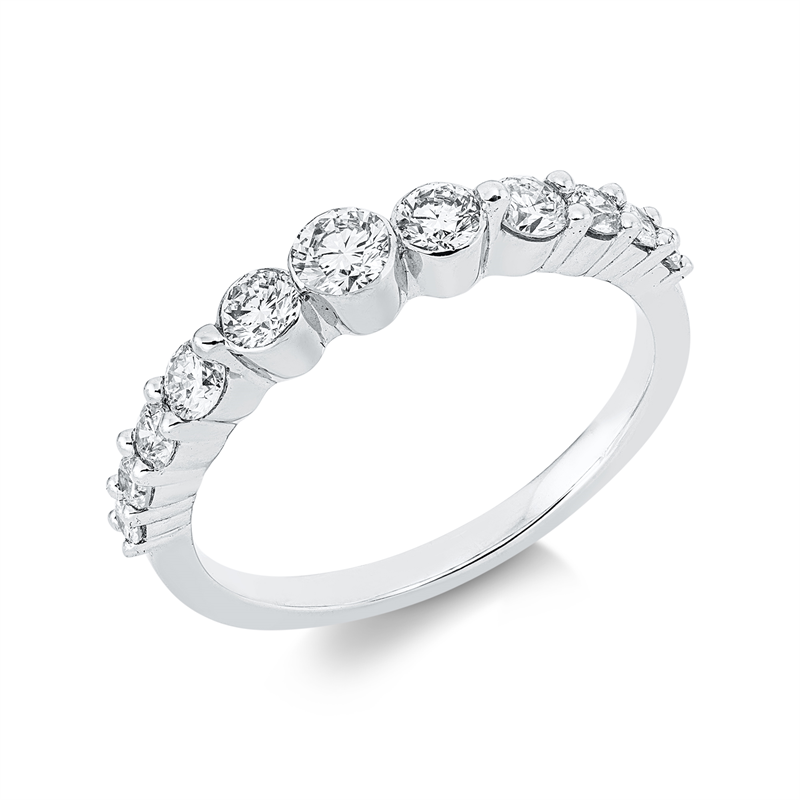 Ring 18 kt WG, 1 Brill. 0,13 ct, TW-vsi, 2 Brill. 0,17 ct, TW-vsi/si, 8 Brill. 0,35 ct, W-pi
