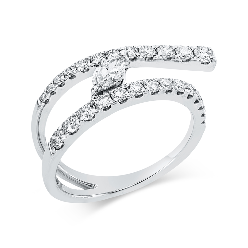 Ring 18 kt WG, 1 Nav. 0,19 ct, TW-vsi, 26 Brill. 0,64 ct, TW-si