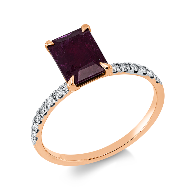Ring 18 kt RG+WG, 14 Brill. 0,18 ct, F-si, 1 Rubin 1,81 ct rot