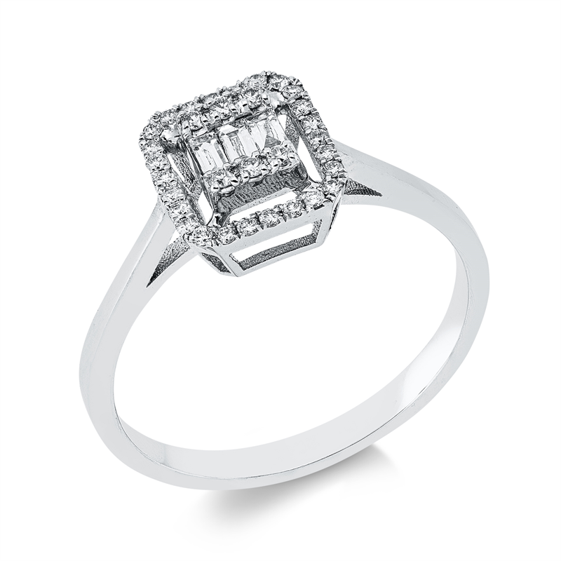 Ring 14 kt WG, 3 Bag. 0,07 ct, F-vsi, 32 Brill. 0,13 ct, F-si