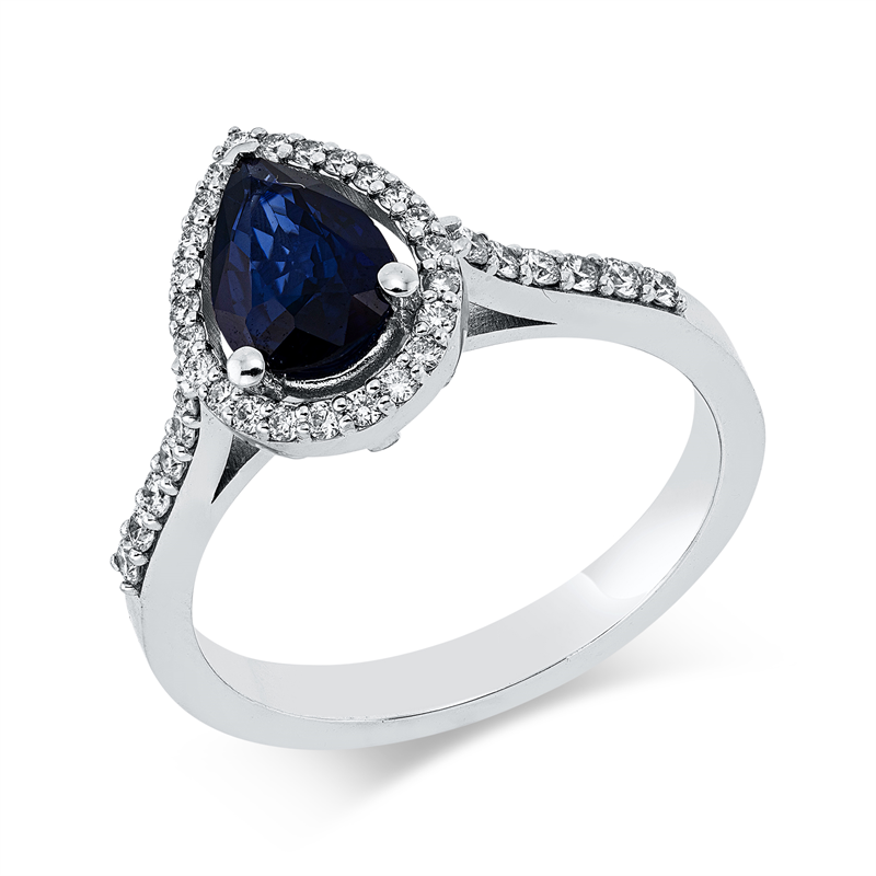 Ring 18 kt WG, 12 Brill. 0,20 ct, F-si, 24 Brill. 0,14 ct, F-si, 1 Saphir 1,03 ct blau