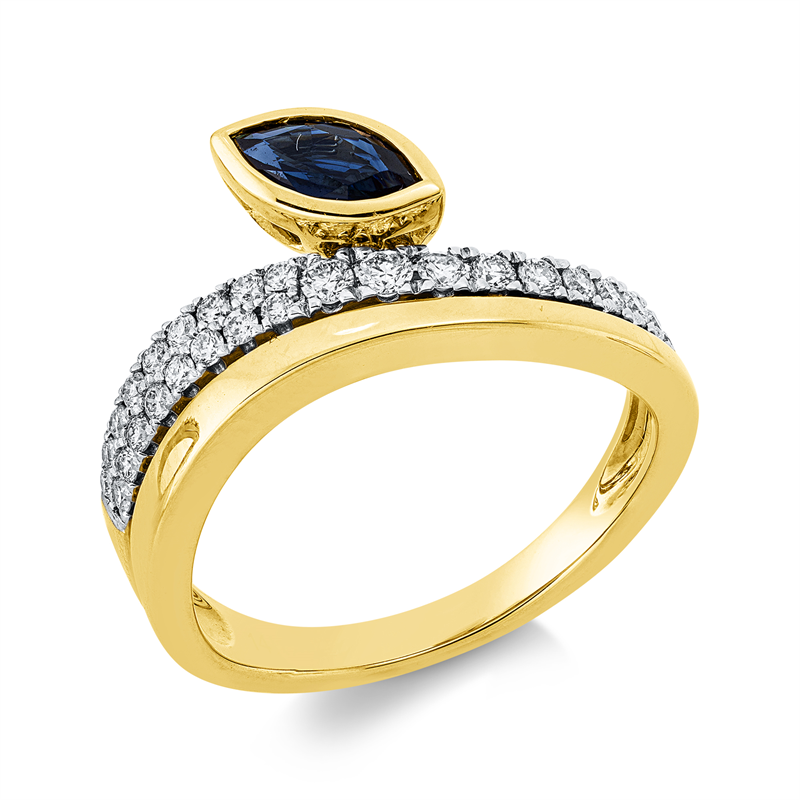 Ring 14 kt GG+WG, 27 Brill. 0,33 ct, W-si/pi, 1 Saphir 0,38 ct blau