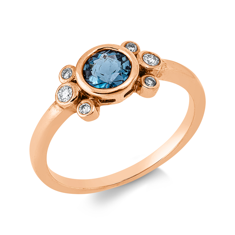 Ring 18 kt RG, 6 Brill. 0,09 ct, TW-pi, 1 Topas 0,65 ct Lond. blue