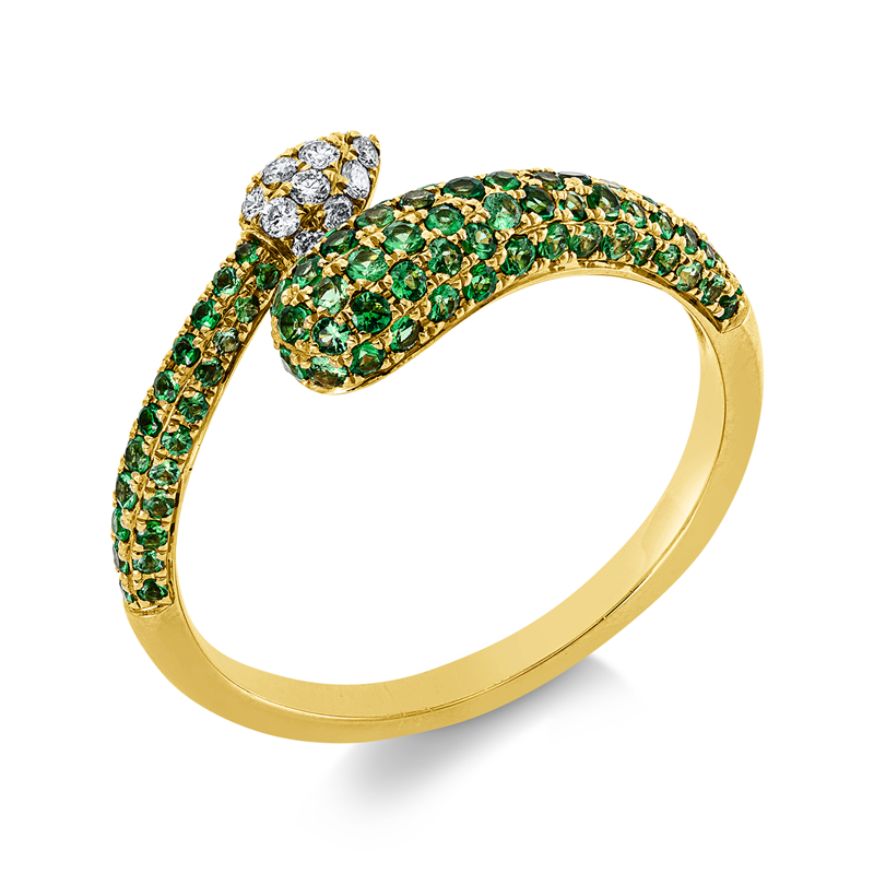Ring 18 kt GG, 13 Brill. 0,08 ct, TW-si, 102 Tsavorith 0,57 ct grün