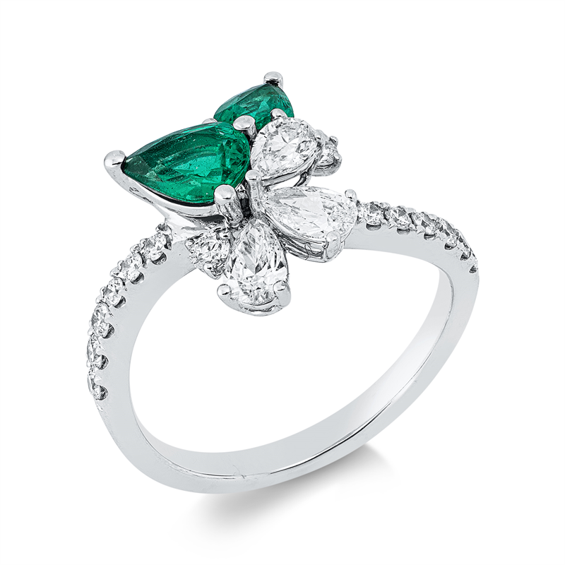 Ring 18 kt WG, 3 Tropfen 0,52 ct, F-vsi/si, 16 Brill. 0,33 ct, TW-si, 1 Sm 0,50ct grün, 1 Sm 0,28ct grün