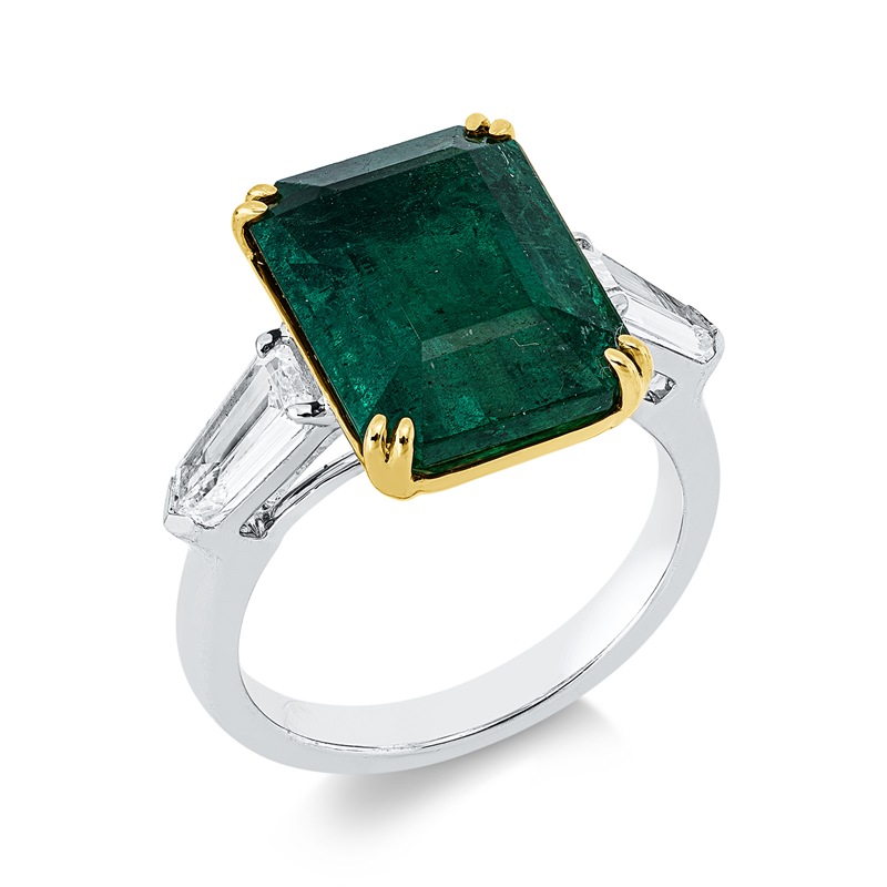 Ring 18 kt WG+GG, 2 Fant-Schl. 0,88 ct, E-si, 1 Smaragd 6,87 ct grün