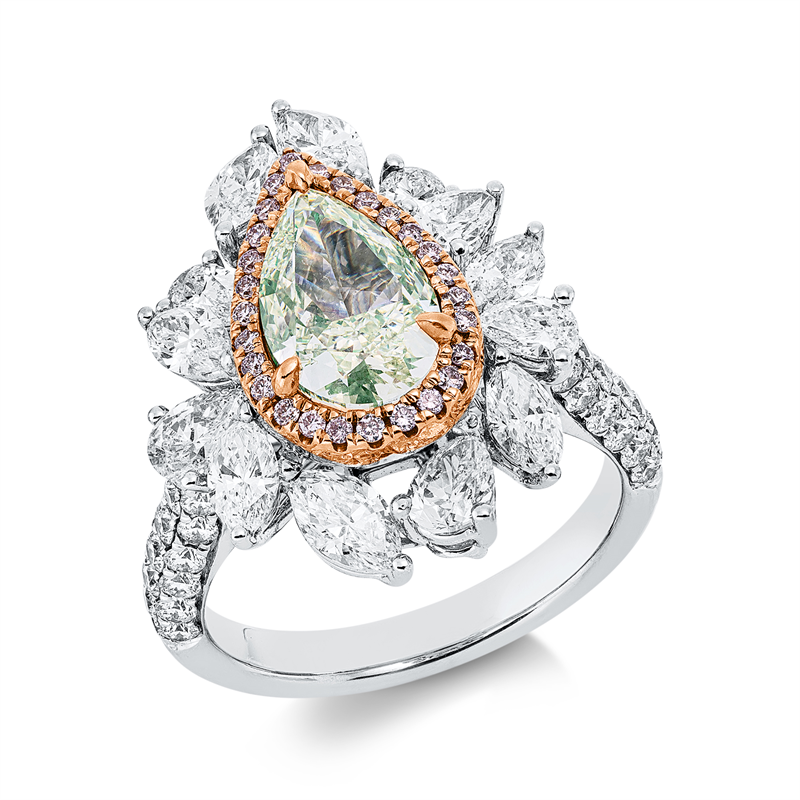 Ring 18 kt, 1 Tropfen 2,10 ct, grün-vs1, 60 Fant-Schl 2,51 ct, TW-si, 27 Brill. 0,14 ct, pink