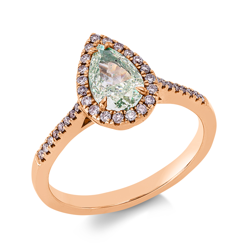 Ring 18 kt RG, GIA 6501802412, 1 Tropfen 1,04 ct, grün-si2, 36 Brill. 0,18 ct, pink