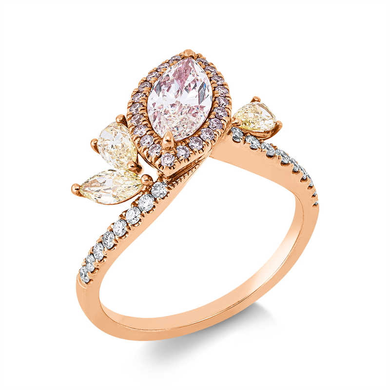 Ring 18 kt RG, 1 Nav. 0,87 ct, 17 Brill. 0,17 ct, TW-si, 3 Fant-Schl. 0,55 ct, gelb, 22 Brill. 0,14 ct, pink