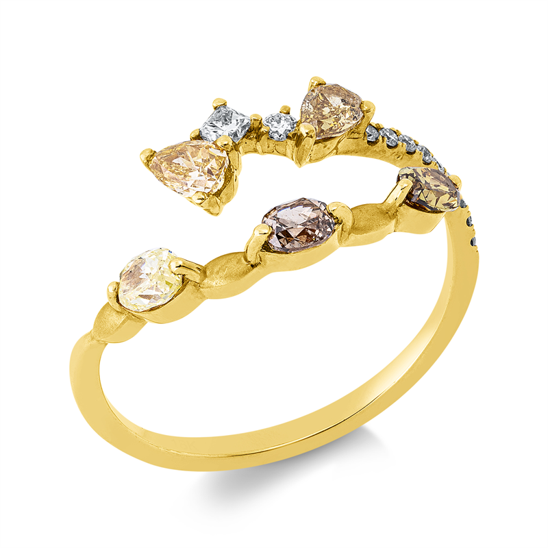 Ring 18 kt GG, 1 Princ. 0,05 ct, TW-si, 10 Brill. 0,07 ct, TW-si, 5 Fant-Schl. 0,72 ct, fancy