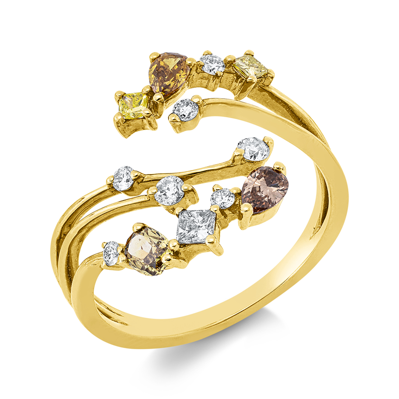 Ring 18 kt GG, 3 Princ. 0,15 ct, TW-si, 7 Brill. 0,16 ct, TW-si, 3 Fant-Schl. 0,38 ct, fancy