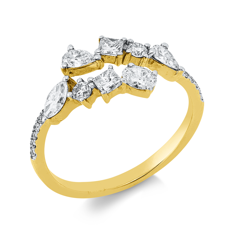 Ring 18 kt GG+WG, 1 Nav. 0,10 ct, TW-si, 1 Oval 0,10 ct, TW-si, 2 Princ. 0,17 ct, TW-si, 2 Tropfen 0,17 ct, TW-si, 12 Brill. 0,13 ct, TW-si