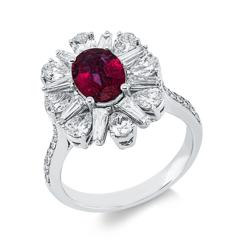 Ring 18 kt WG, 8 Trap. 0,58 ct, 20 Brill. 0,15 ct, 8 Tropfen 1,03 ct, F-vvs/vs, 1 Rubin 1,01 ct rot