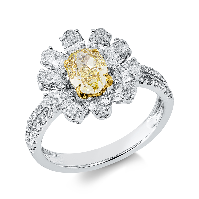 Ring 950Pt GP, GIA_6221123919, 10 Oval 1,41ct, F-vvs/vs, 28 Brill.0,22ct, F-vvs/vs, 1 Oval 1,00 ct, gelb