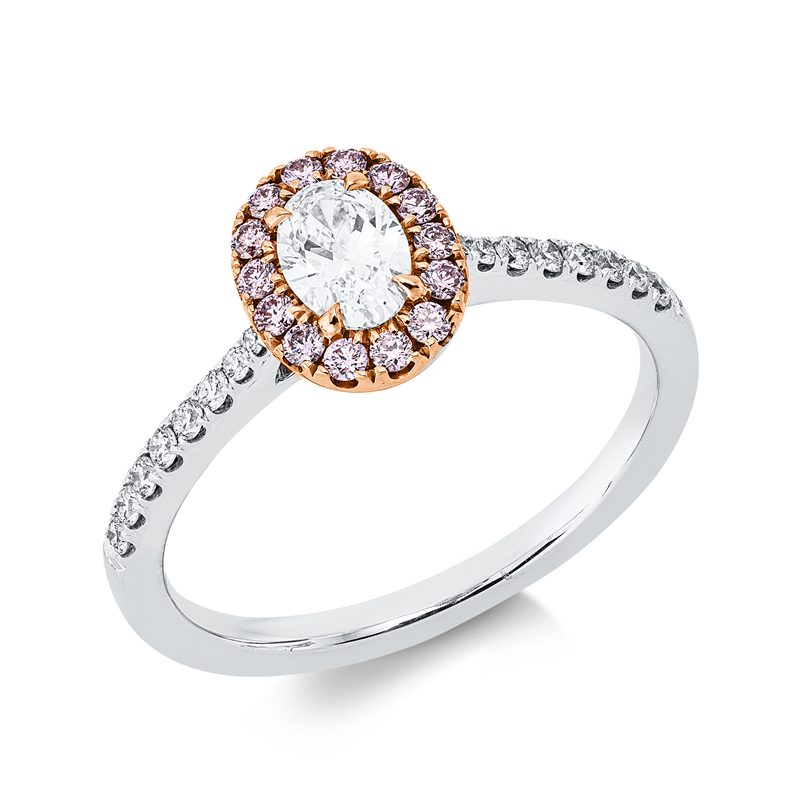Ring 18k WG+RG, GIA_7376557317, 16Brill.0,12ct, F-vvs/vs, 1 Oval 0,30ct, F-vvs, 14 Brill.0,13ct, pink